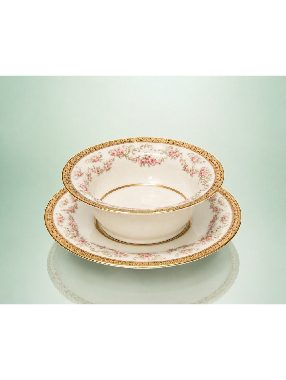 Charles Ahrenfeldt Limoges 1900s 8 Sets Ramekins W/Saucers + 3 Saucers Rose Swag